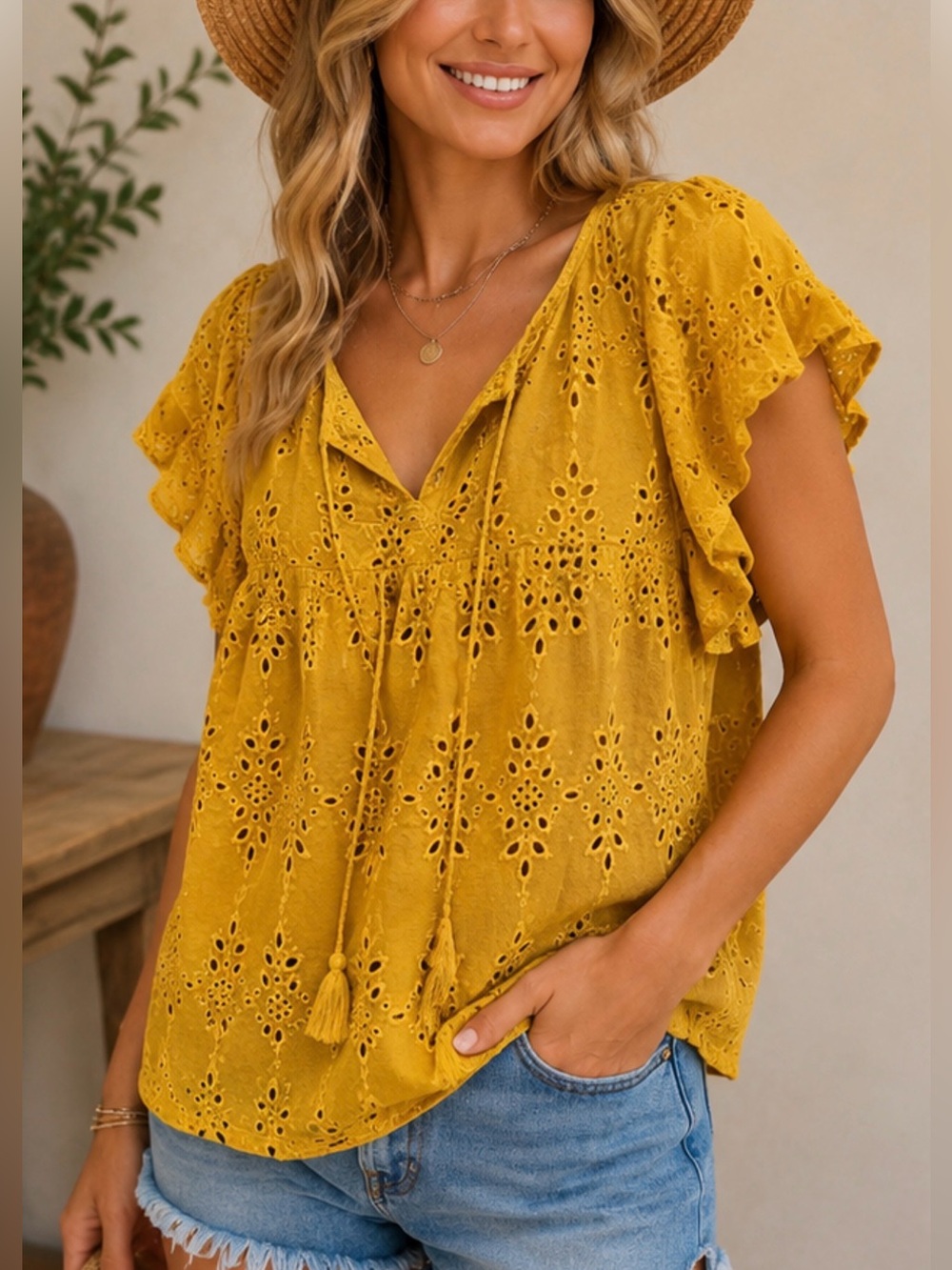 Old Navy Mustard Yellow Eyelet Boho‎ Blouse Flutter Sleeve Peasant Top Medium